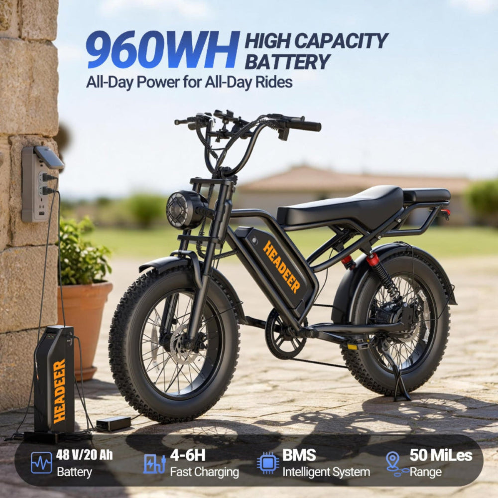 HEADEER® BK20 1500W Peak Power 50 Miles Range 31 Mph Retro Fat Tire Electric Bike